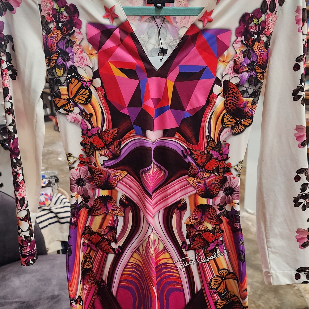 Just Cavalli Multicolor Floral and Geometric Long Sleeve Dress
